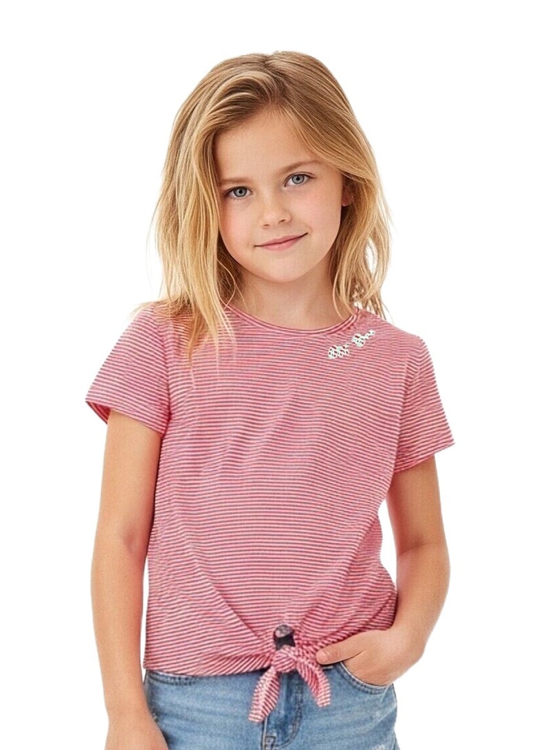 WiNi BEE Girls Short Sleeve T-Shirt | Red and White Striped Crew Neck Top with Tie Front | Casual Summer Tee for Ages 8-10, 10-12, 12-14, 14-16 Years - Image 1